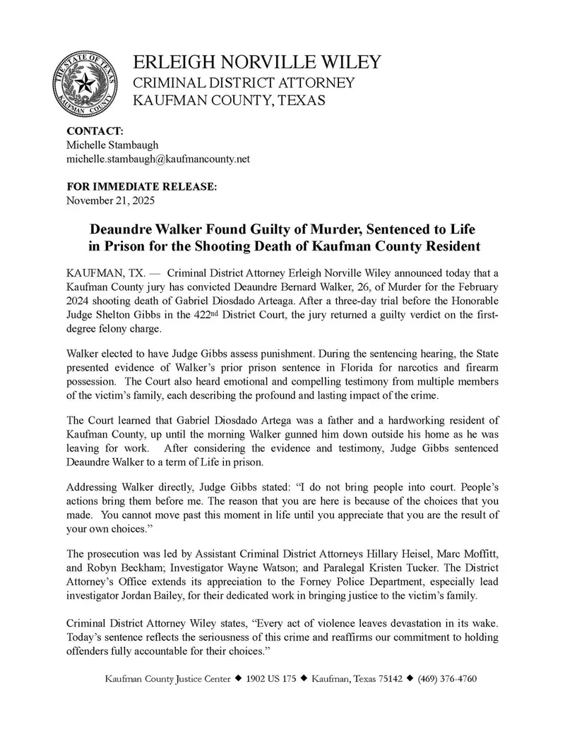 Deaundre Walker Convicted of Murder, Sentenced to Life for Fatal Shooting in Kaufman County