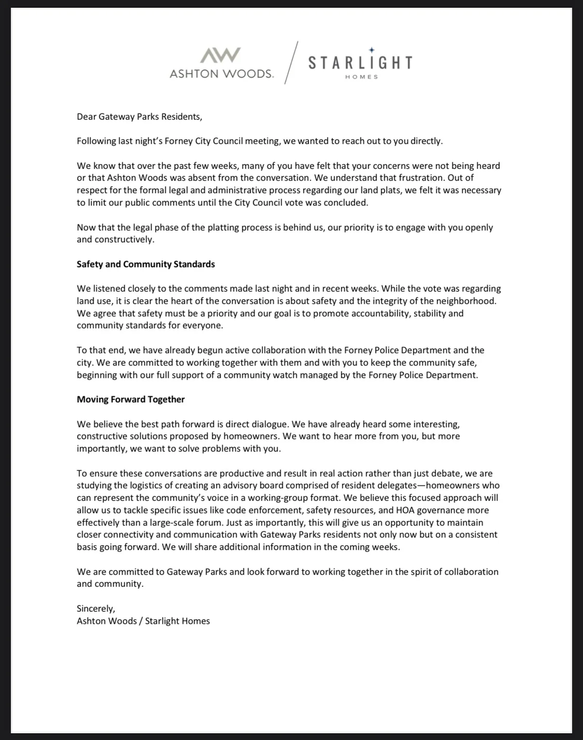 Ashton Woods and Starlight Homes Issue Letter to Gateway Parks Residents After Heated Forney Council Meeting