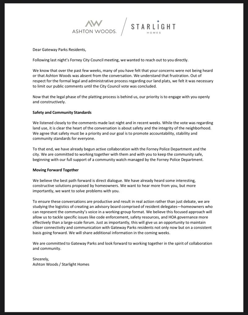 Ashton Woods and Starlight Homes Issue Letter to Gateway Parks Residents After Heated Forney Council Meeting