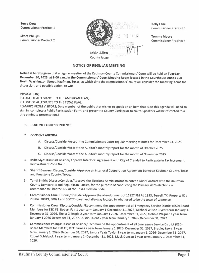 Kaufman County Commissioners Court to Convene for Important Meeting on December 30