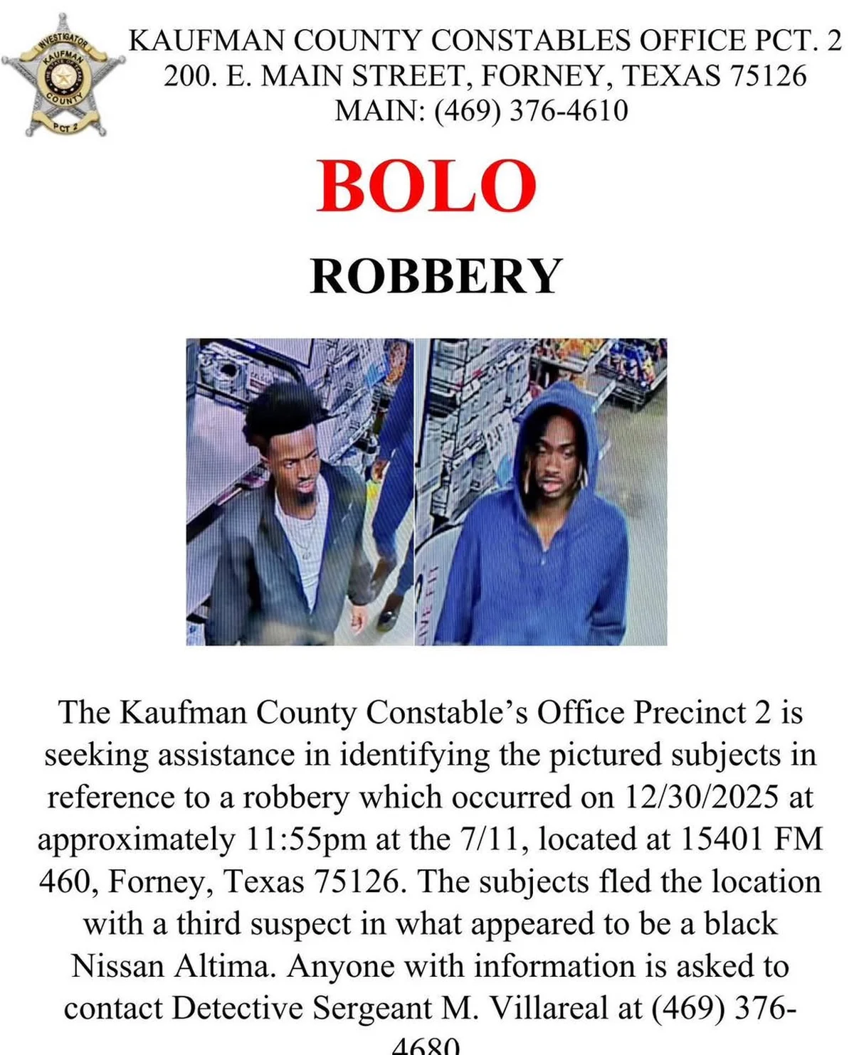 Community Urged to Assist in Identifying Suspects in Forney 7/11 Robbery