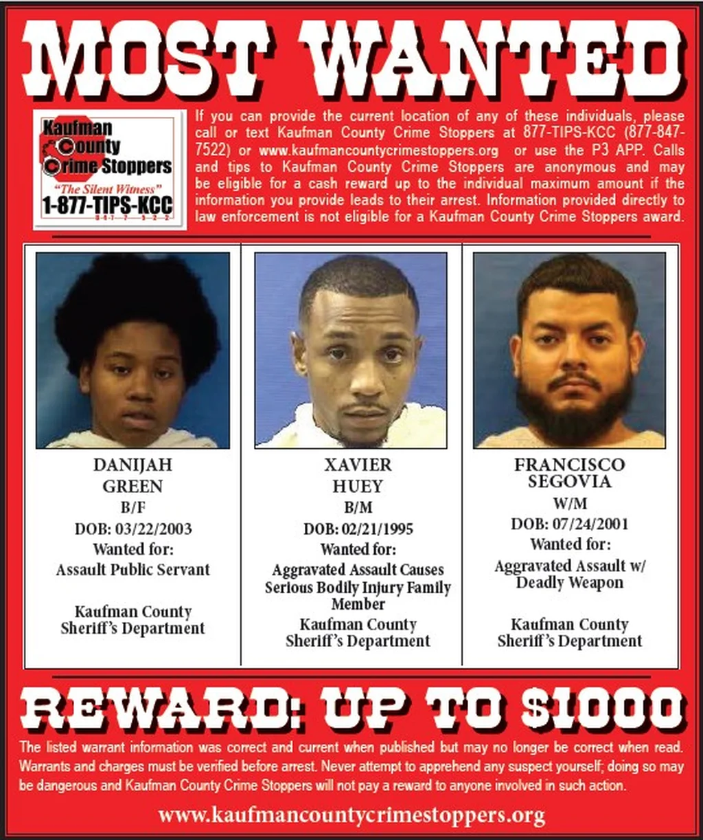 Kaufman County Sheriff's Office Releases Most Wanted List with Cash Rewards