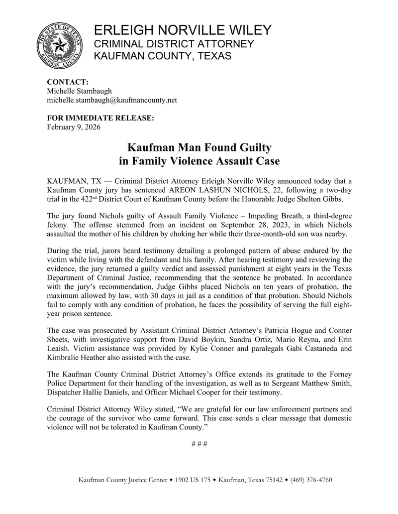 Kaufman County Jury Convicts Local Man of Family Violence Assault