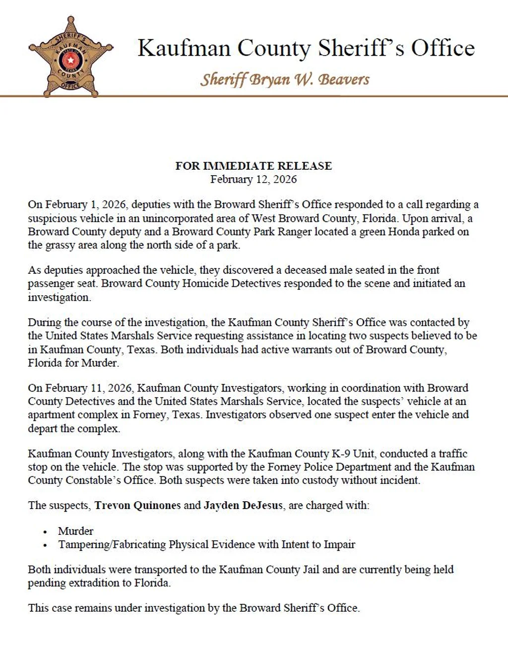 Two Suspects Arrested in Forney Linked to Florida Murder Case