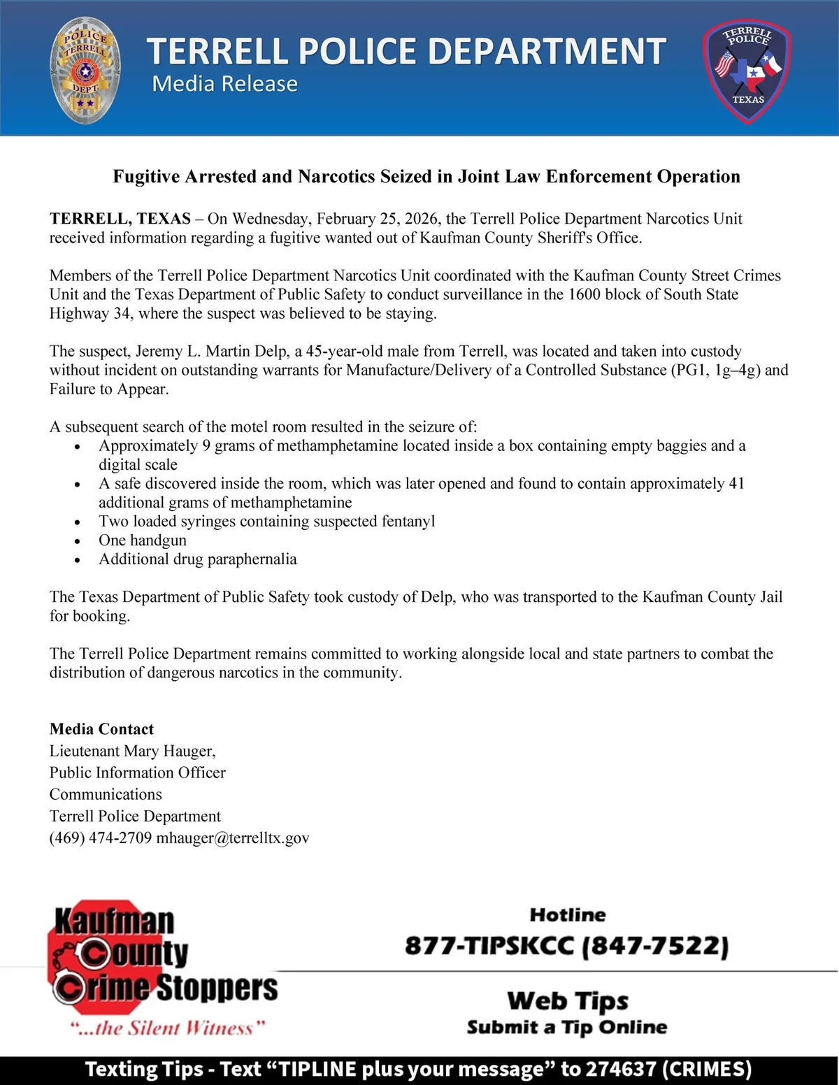 Joint Law Enforcement Operation Leads to Arrest of Fugitive and Seizure of Narcotics in Terrell