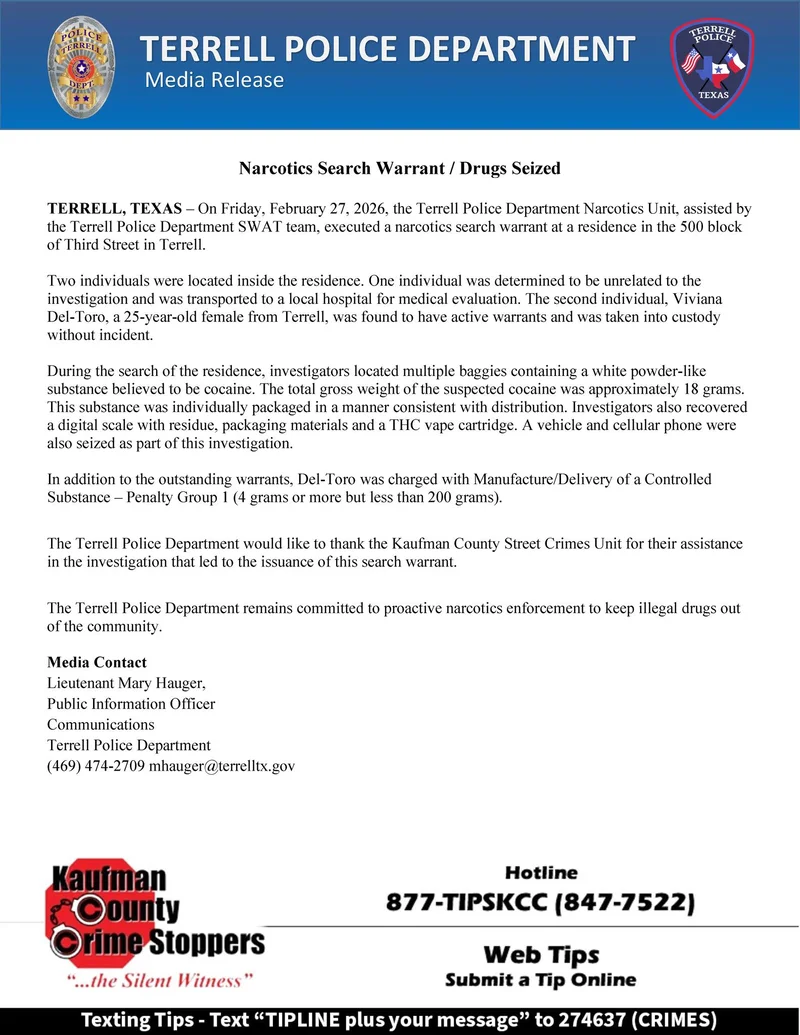 Terrell Police Department Executes Successful Narcotics Search Warrant