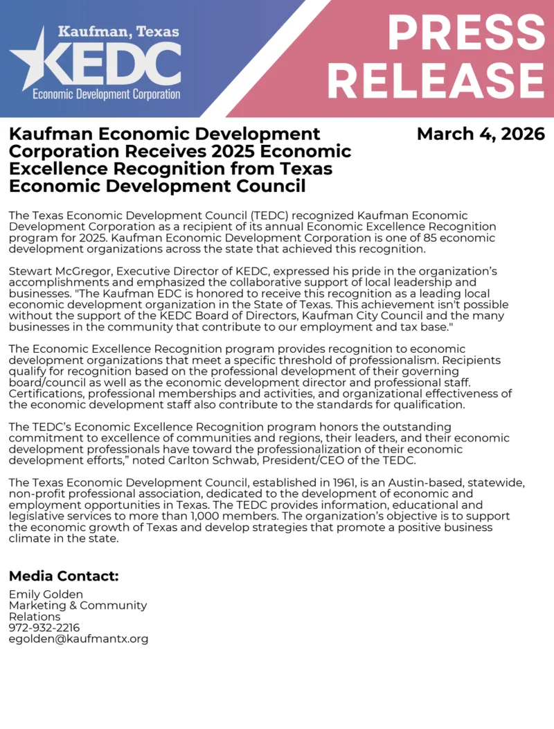 Kaufman Economic Development Corporation Honored with 2025 Economic Excellence Recognition