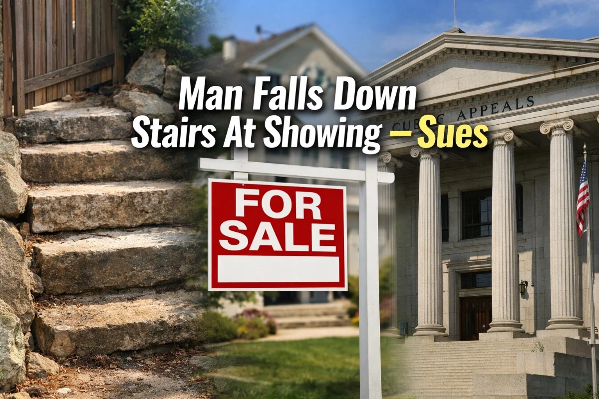 Man falls down stairs at a real estate showing, sues. What does the court say?