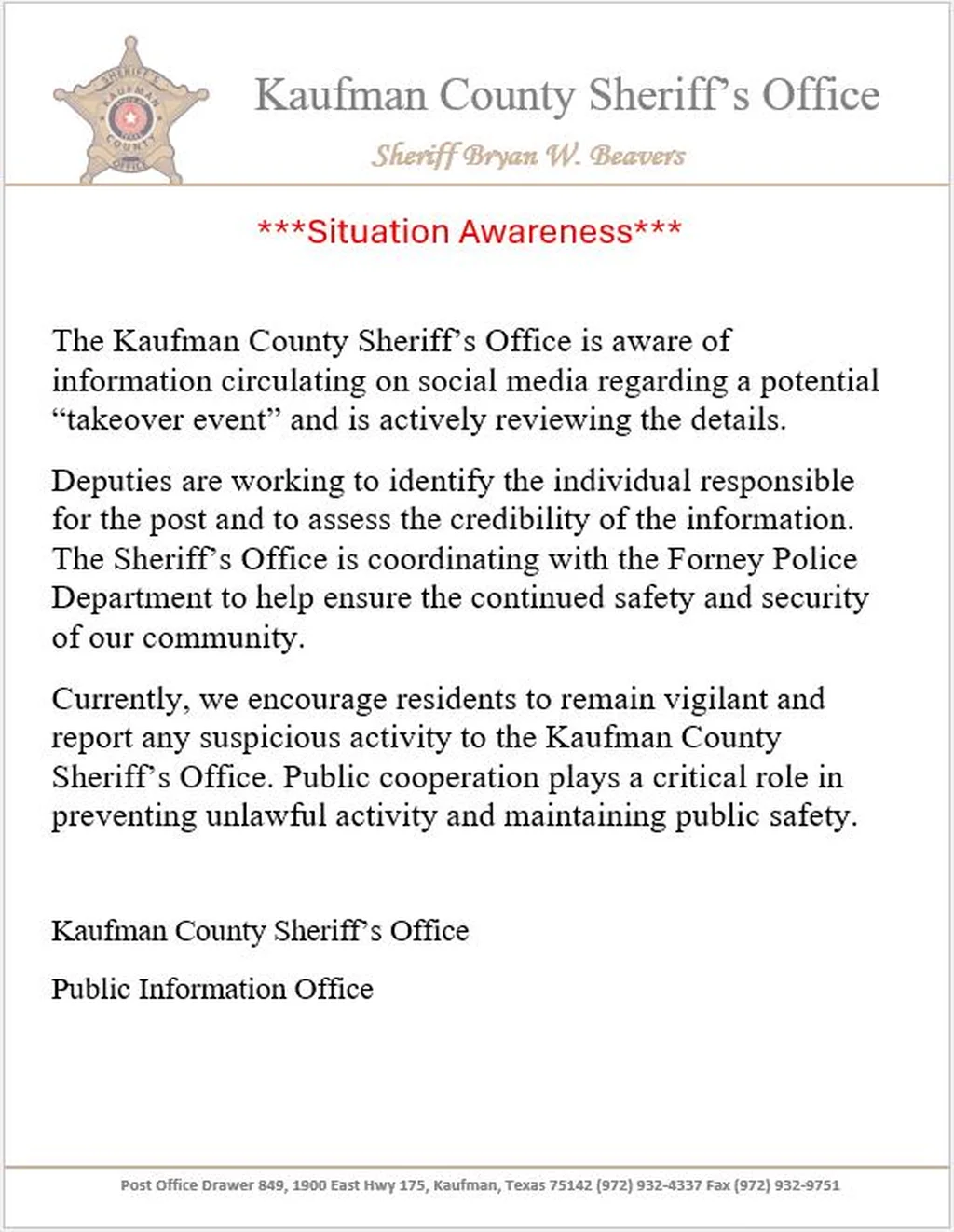 Kaufman County Sheriff's Office Responds to Social Media Concerns Over "Takeover Events"