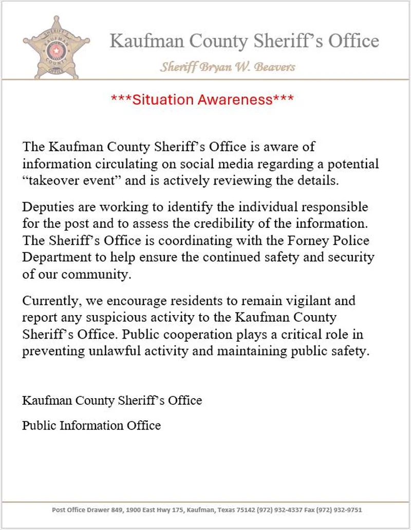 Kaufman County Sheriff's Office Responds to Social Media Concerns Over "Takeover Events"