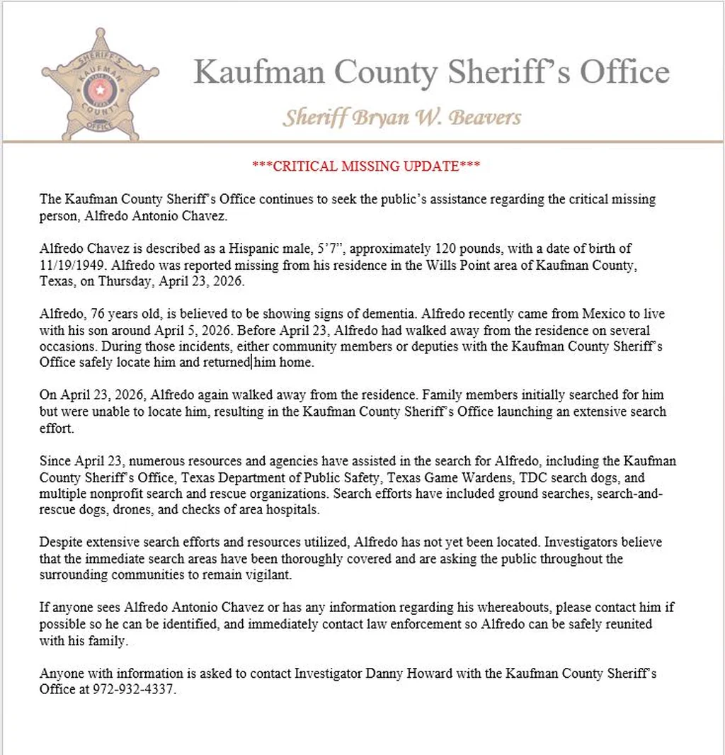 Kaufman County Sheriff’s Office Expands Search for Missing 76-Year-Old Man