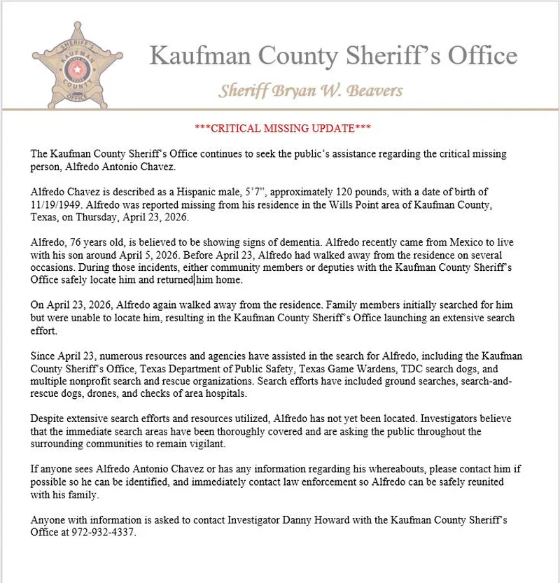 Kaufman County Sheriff’s Office Expands Search for Missing 76-Year-Old Man