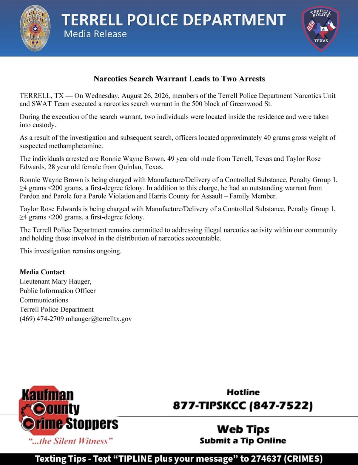 Two Arrested Following Narcotics Search Warrant Execution in Terrell