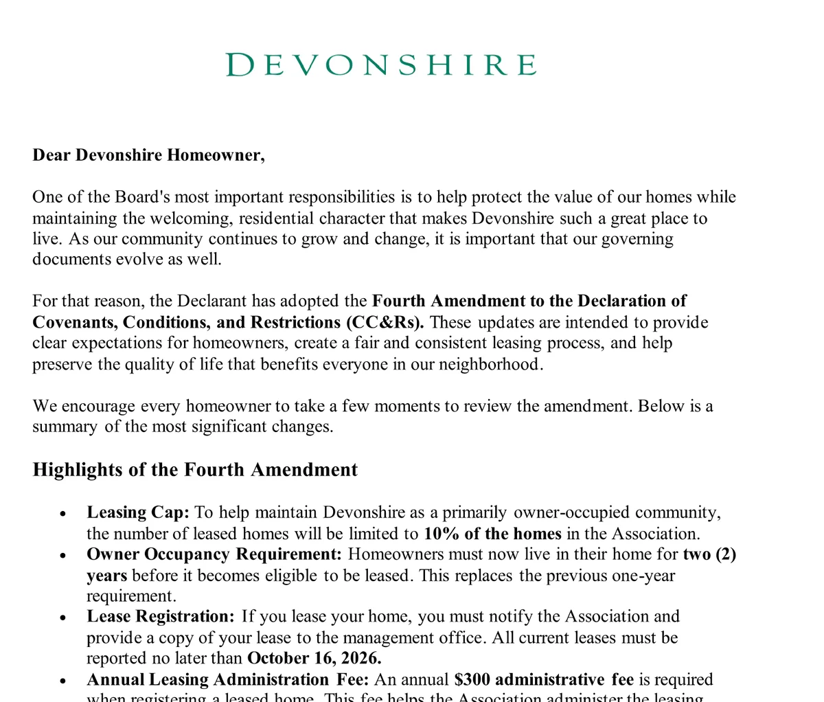 Devonshire HOA Implements Major Governance Overhaul: New Leasing and Nuisance Policies Explained