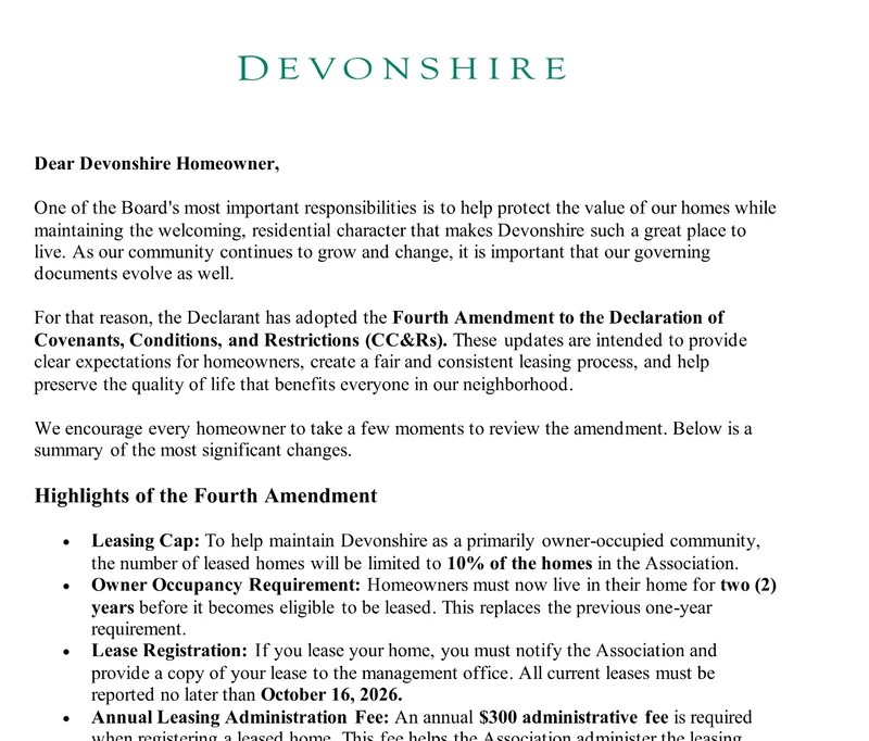 Devonshire HOA Implements Major Governance Overhaul: New Leasing and Nuisance Policies Explained