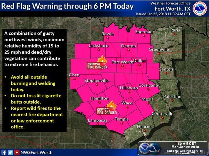 Red Flag Warning issued for Kaufman County due to extreme fire weather conditions