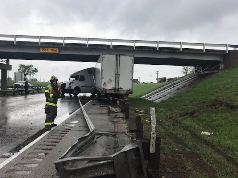 Westbound U.S. Highway 80 closed due to jackknifed 18-wheeler, struck bridge