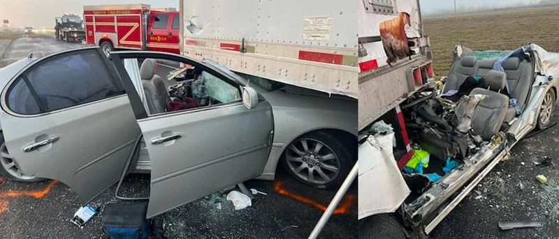 Firefighters remove roof in extrication efforts to free driver involved in crash with 18-wheeler