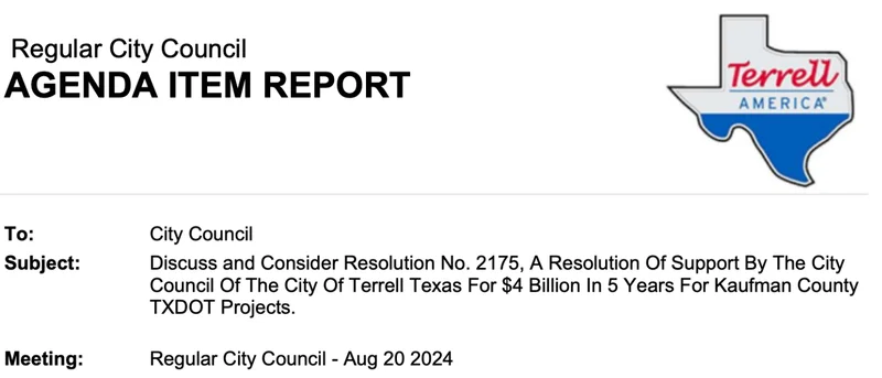 Terrell Council Approves Resolution Calling For Additional TXDOT Funding In The County