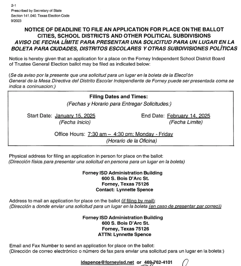 Forney ISD 2025 Trustee Election Open To Candidates - Deadline Tues February 14th