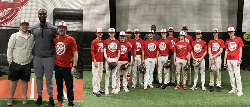 Texas Rangers pitcher Taylor Hearn drops in on Terrell Tiger baseball practice