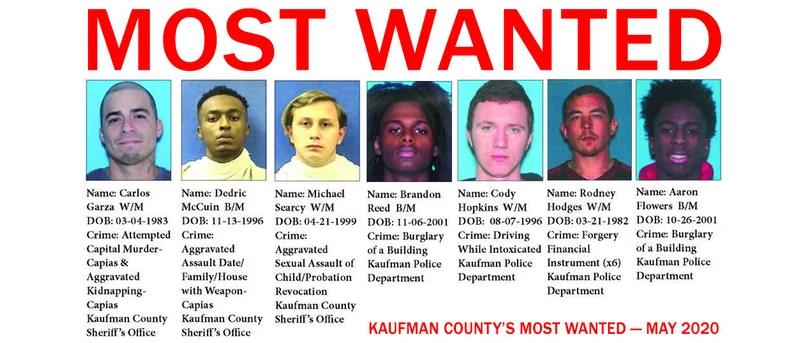 7 Kaufman County Most Wanted fugitives sought on numerous felony charges including attempted capital murder, kidnapping, and aggravated assault, among others