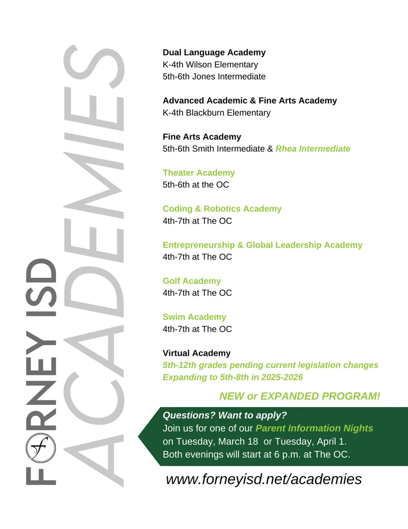 Forney ISD is proud to announce the next big expansion of its choice academies for the 2025-2026 academic year