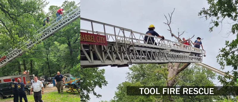 Multi-department response aids in rescue of man pinned in air against tree in lift bucket