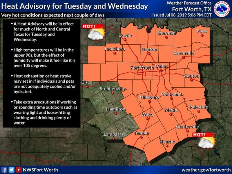 Heat Advisory for portions of North Texas, including Kaufman County, on Tuesday and Wednesday
