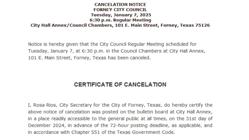 Cancellation Notice for Forney City Council Meeting on January 7, 2025