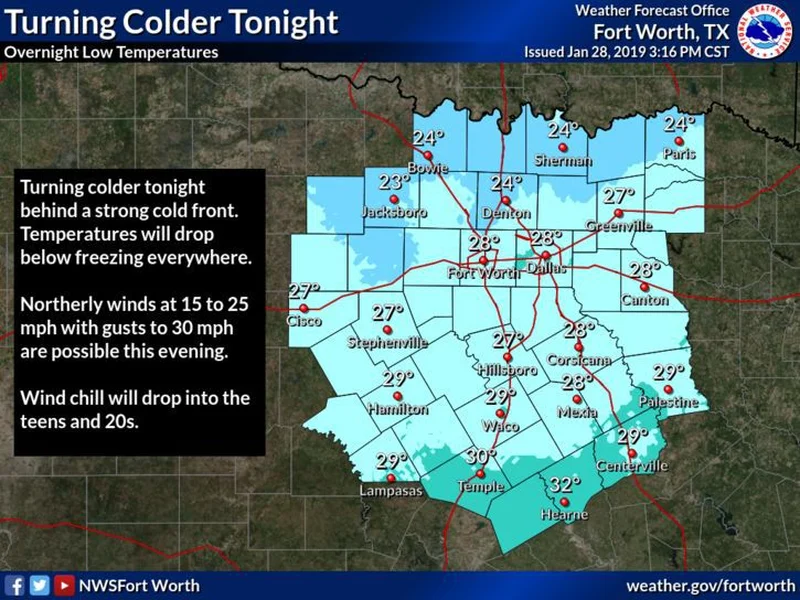 Strong overnight cold front to bring 20-degree temps, lower wind chills for Kaufman County