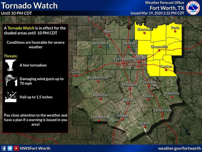 Kaufman County under Tornado Watch until 10 p.m., Flood Warning & Watch continues