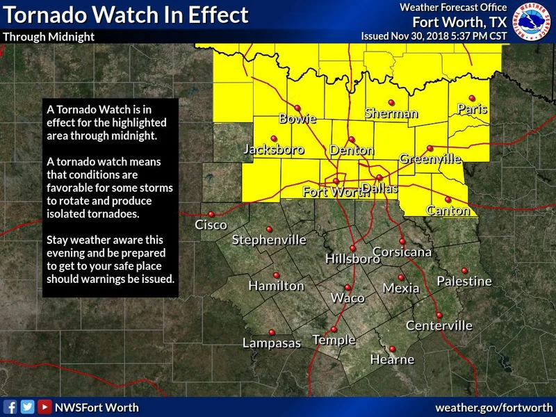 Tornado Watch in effect until midnight for portions of North Texas