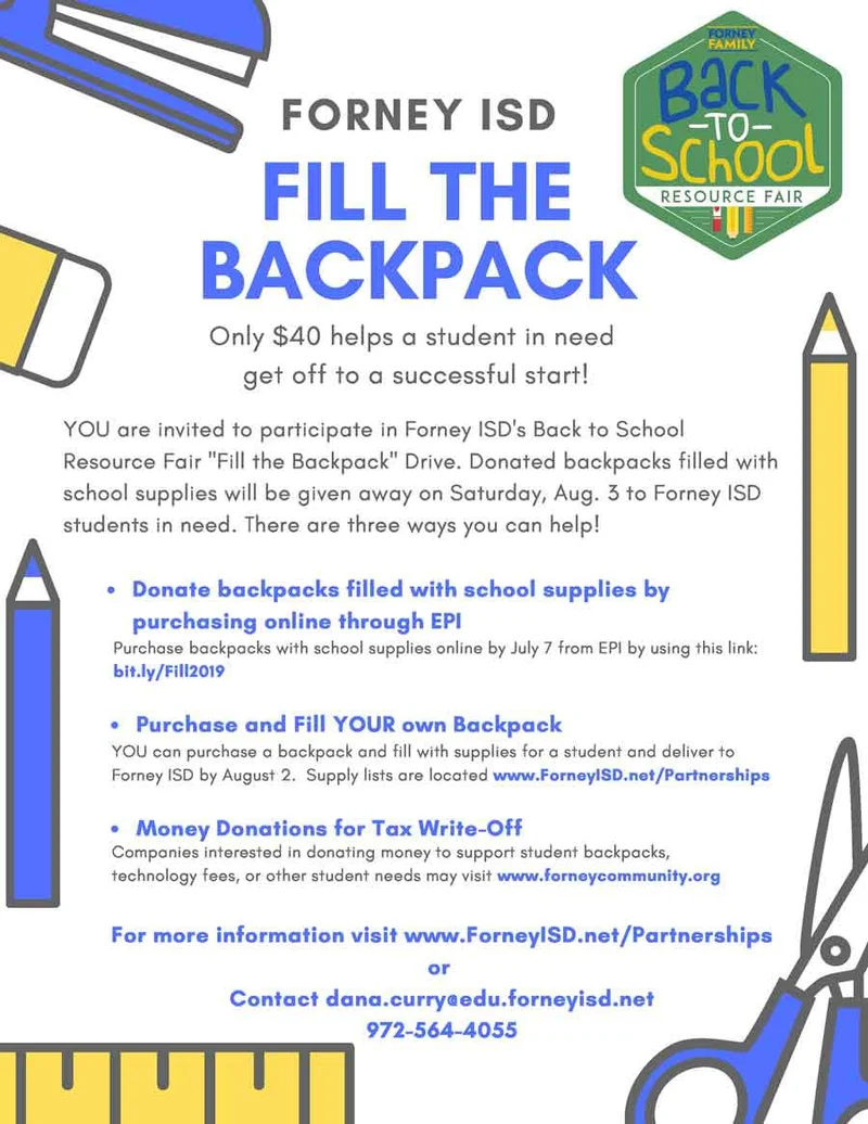 Forney ISD invites local businesses, organizations and individuals to participate in ‘Fill the Backpack’ event