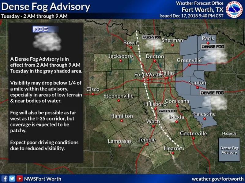 Areas of dense fog expected to impact locations across area after midnight and into early Tuesday morning