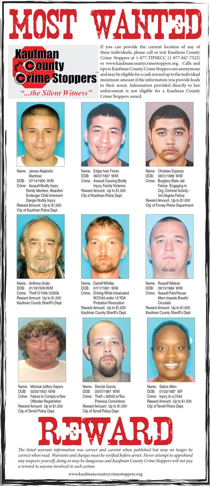 October 2017: Nine featured on Kaufman County’s Most Wanted