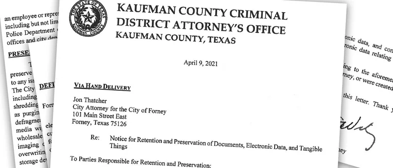 City of Forney on notice to retain and preserve records related to pending Texas Rangers criminal investigations