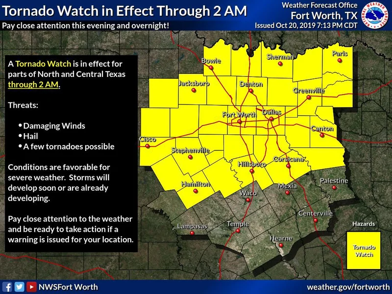 Tornado Watch for Kaufman County until 2 a.m., Severe Thunderstorm Warning until 10:30 p.m.
