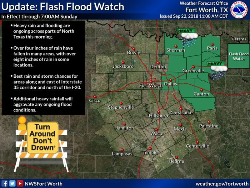 Flash Flood Watch for Kaufman County through Sunday morning, Flood Warning along portions of Trinity River through Tuesday
