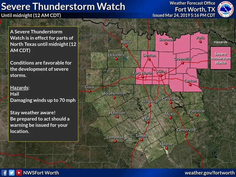 Severe Thunderstorm Watch for Kaufman County until midnight