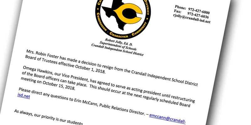 Crandall ISD Board President resigns, effective today, amid husband's criminal allegations