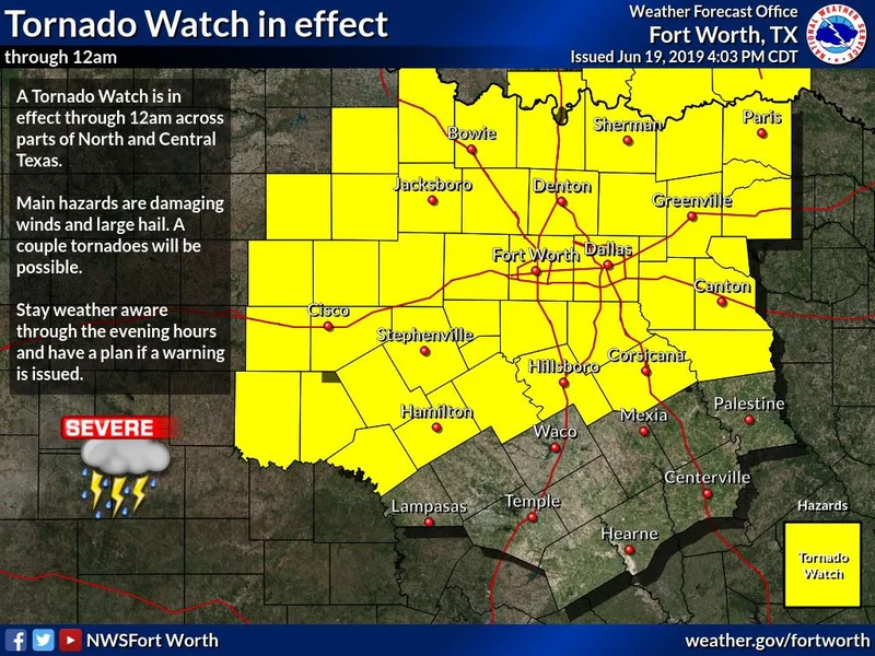 Tornado Watch in effect until midnight for Kaufman County, much of North Texas